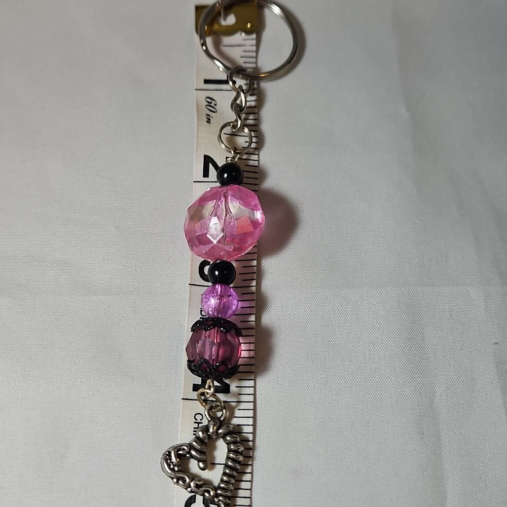 Hand Crafted Sparkling Heart Charm Keychain with Pink and Purple Beads